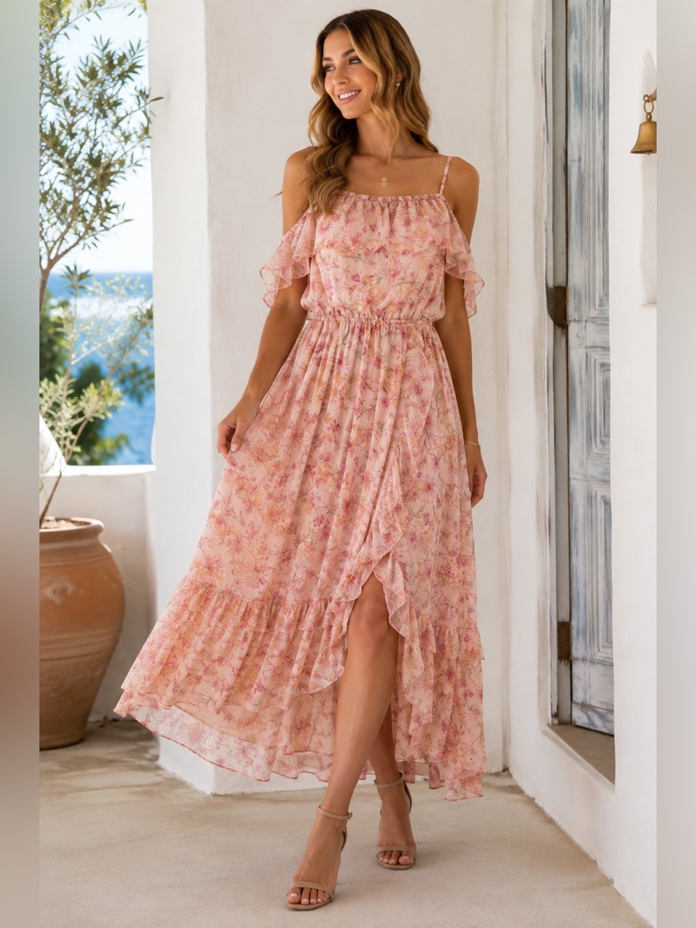 All in Favor Pink Floral Ruffle High-Low Midi Dress Medium